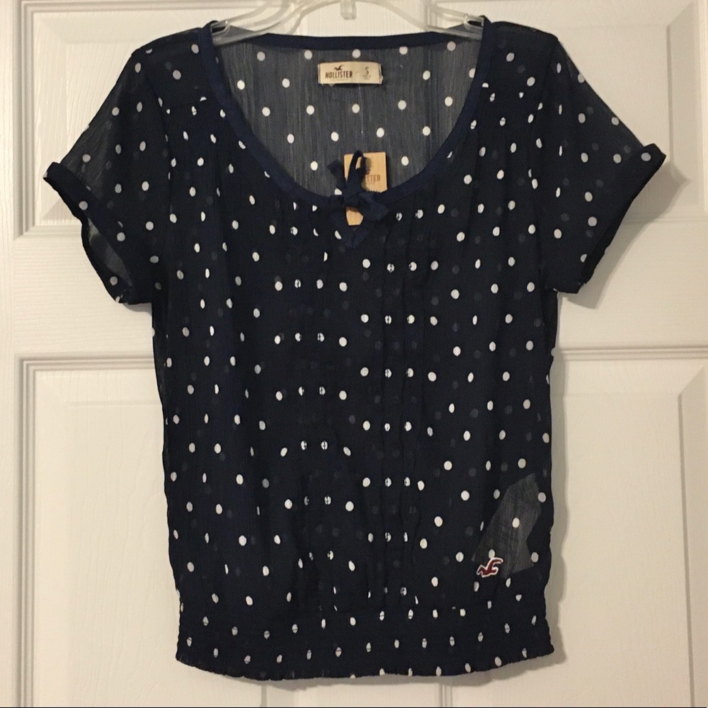 NWT Hollister Sheer Navy Polka Dot Pleated Top S
